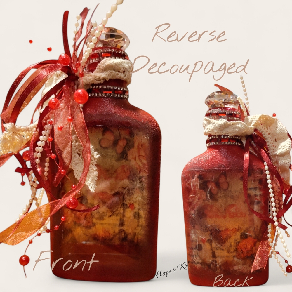 Elegant Red Reverse Decoupaged Decorative Bottle